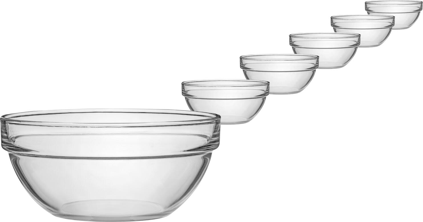 Set de 6 boluri din sticla temperata Arcoroc Empilable, Rotunde Transparente, Rezistente la Socuri Termice si Mecanice, Spalabile la Masina de Spalat Vase, 625 ml, Diametru 14 cm, Inaltime 6.2 cm