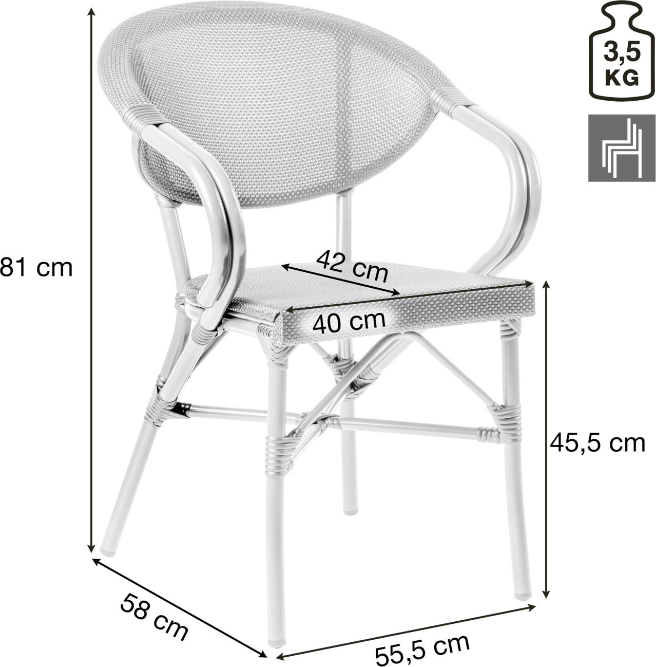 Set de 2 scaune exterioare stivuibile PULSIVA LUSINI Elm, aluminiu vopsit electrostatic, textil rezistent la intemperii, 55.5x58x81 cm