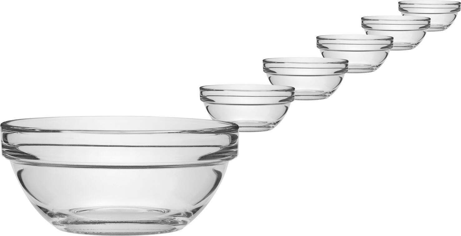 Set de 6 boluri din sticla temperata Arcoroc Empilable, Rotunde Transparente, Rezistente la Socuri Termice si Mecanice, Spalabile la Masina de Spalat Vase, 240 ml, Diametru 10 cm, Inaltime 4.2 cm