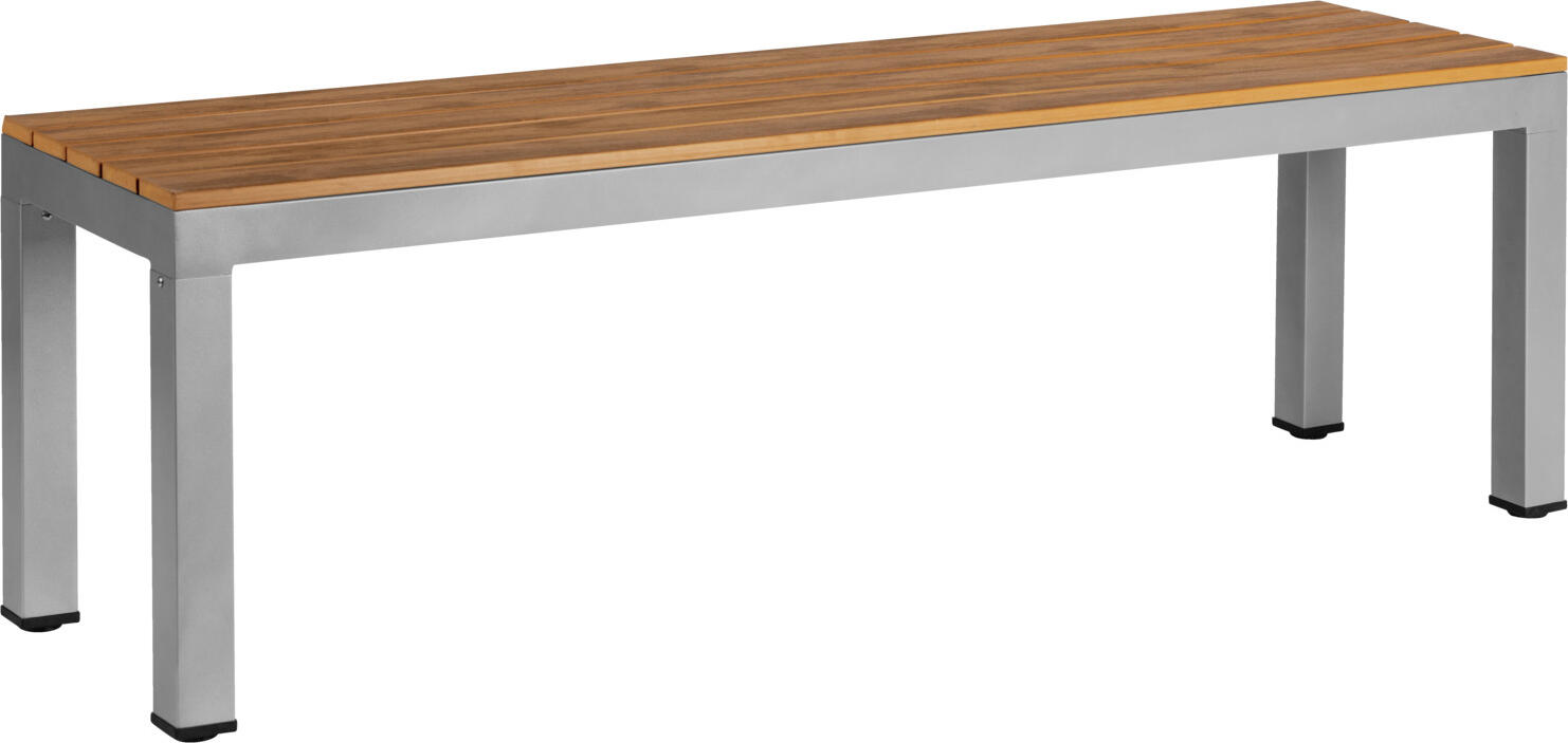PULSIVA LUSINI Solutions GmbH Outdoor bench Resistance Outdoor-Bank Resistance Outdoor bench Resistance; 140x38x45 cm (WxDxH); seat brown, base grey Outdoor-Bank Resistance; 140x38x45 cm (BxTxH); Sitz braun, Gestell grau Simple 3-seater bench made from powder-coated aluminium. (Frame diameter 5 cm, material thickness 1.5 cm) and seat made from robust 1.5 mm thick plastic slats with a teak-effect finish. Seat dimensions 140 x 38 cm. Easy to maintain, weatherproof, UV-resistant and extremely scratch-resistant. Suitable for outdoor use. Fitted with plastic floor glides. Supplied unassembled; fixing materials included. Order matching tables and chairs at the same time. Tested in accordance with EN 16139:2025 Level L1 for professional use. The Resistance bench meets the requirements for safety, strength, durability and stability. The load-bearing and durability tests were carried out in accordance with EN 1728, and the stability tests in accordance with EN 1022. Schlichte 3-Sitzer Bank aus pulverbeschichtetem Aluminium. (Ø Gestell 5 cm, Materialstärke 1,5 cm) und Sitzfläche aus robustem 1,5 mm starken Kunststoff-Leisten in Teak-Optik. Sitzfläche 140x38 cm. Pflegeleicht, wetterfest, UV-beständig und äußerst kratzbeständig. Für den Außenbereich geeignet. Mit Bodengleiter aus Kunststoff. Die Lieferung erfolgt zerlegt, Befestigungsmaterial inklusive. Passende Tische und Stühle gleich mitbestellen. Geprüft nach EN 16139:2025 Level L1 für den professionellen Einsatz. Die Sitzbank Resistance erfüllt die Anforderungen an Sicherheit, Festigkeit, Dauerhaltbarkeit und Stabilität. Die Belastungs- und Dauerhaltbarkeitsprüfungen wurden gemäß EN 1728 durchgeführt, die Stabilitätsprüfungen gemäß EN 1022.