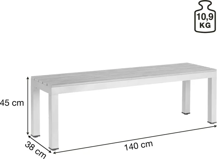 Banca de Exterior PULSIVA Resistance cu 3 Locuri, Cadru din Aluminiu Vopsit Electrostatic, Siasi de Plastic Efect Teak, Rezistenta la Intemperii, 140x38x45 cm, Maro/Gri