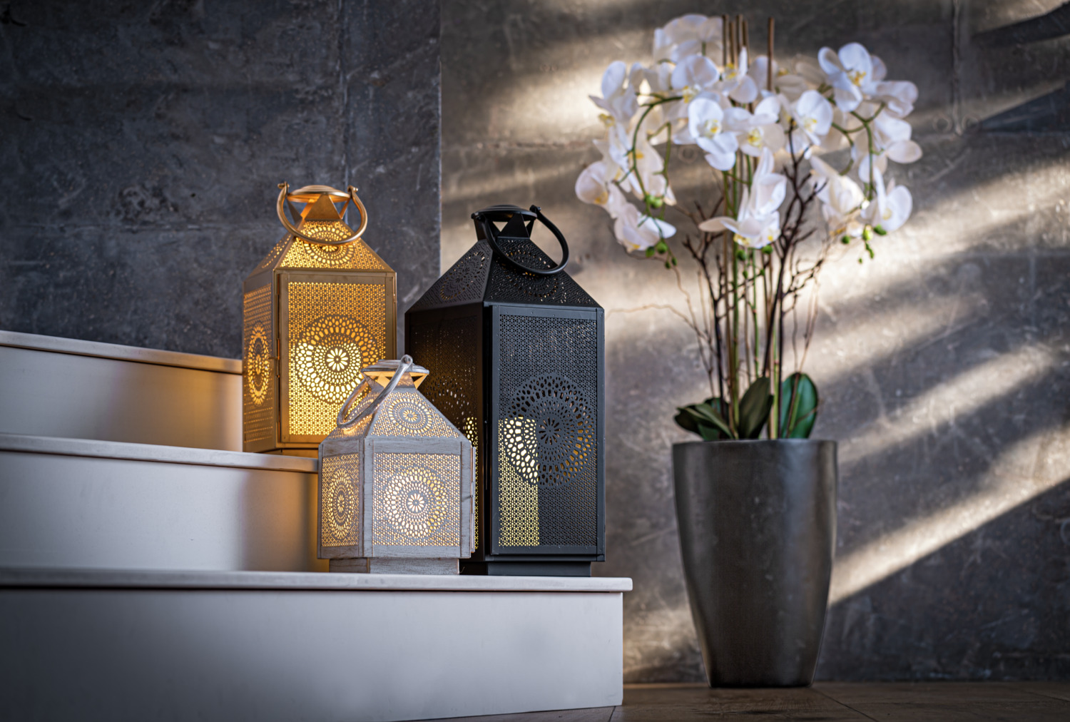 Vega Liz L Lantern, Black Perforated Metal with Mandala Patterns, 20x20x52 cm, Indoor and Protected Outdoor Use