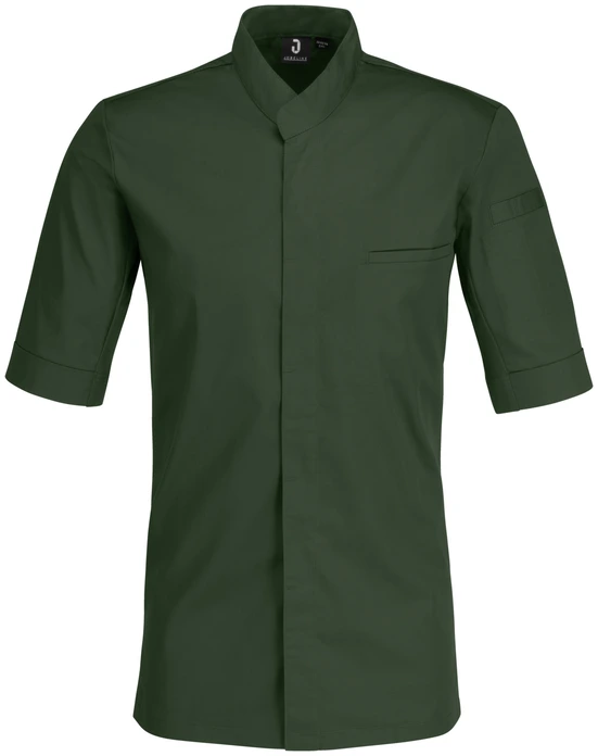 Jobeline Marco Men's Short-Sleeved Chef's Jacket, Polyester Cotton Blend, Breathable Piqué Back and Sleeves, Wing Collar, Dark Olive