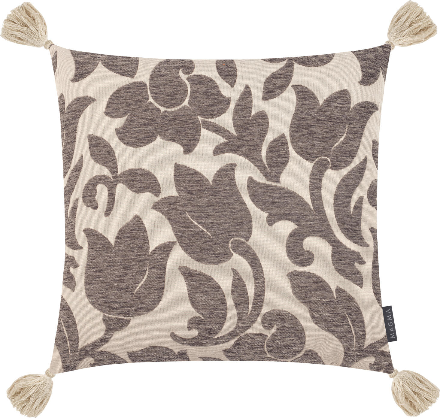 MAGMA Decorative pillow cover Mavis Dekokissenbezug Mavis Decorative pillow cover Mavis; 50x50 cm (WxL); grey Dekokissenbezug Mavis; 50x50 cm (BxL); grau Front: 45% polyacrylic, 35% polyester, 20% cotton. Back: 100% polyester. Pillow cover with floral design and four tassels at the corners. Front side made of high quality jacquard blended fabric. Back side made of soft and cozy velvet. Practical zipper for easy removal and covering. Supplied without filling. Vorderseite: 45 % Polyacryl, 35 % Polyester, 20 % Baumwolle. Rückseite: 100 % Polyester. Kissenhülle mit floralem Design und vier Quasten an den Ecken. Vorderseite aus hochwertigem Jacquard-Mischgewebe. Rückseite aus weichem und gemütlichem Samt. Praktischer Reißverschluss für einfaches Ab- und Beziehen. Lieferung ohne Füllung.