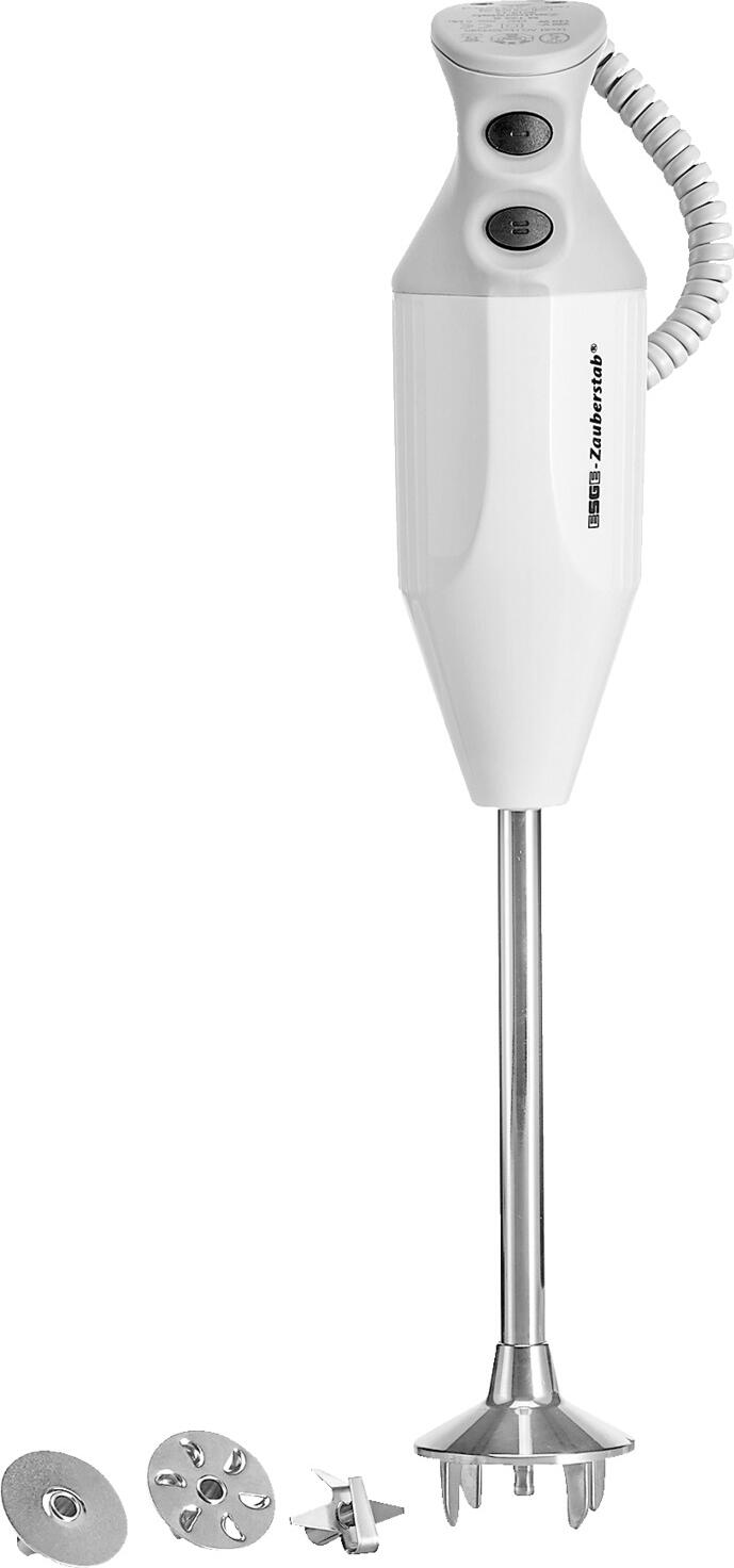 Unold Unold AG ESGE Zauberstab P 200 Profi ESGE Zauberstab P 200 Profi ESGE Zauberstab P 200 Profi; 6.6x11.2x39.4 cm (WxDxH); white/grey ESGE Zauberstab P 200 Profi; 6.6x11.2x39.4 cm (BxTxH); weiß/grau Zauberstab made of plastic housing with stainless steel rod and accessories. Safety twin switch. Push-on centering makes it easier to attach the accessories. Liquid volume: approx. 30 liters with a container diameter of approx. 45 cm. Spiral cable approx. 60 cm, extendable up to 150 cm. Speed 12 000/17 000 rpm. Delivery includes multi-blade, beater disk and whisk disk. Two-year warranty. Zauberstab aus Kunststoff-Gehäuse mit Stab und Zubehör aus Edelstahl. Sicherheits-Twinschalter. Aufsteckzentrierung erleichtert das Aufstecken der Zubehörteile. Flüssigkeitsmenge: ca. 30 Liter bei ca. 45 cm Gefäßdurchmesser. Spiralkabel ca. 60 cm, ausziehbar bis zu 150 cm. Drehzahl 12 000/17 000 U/Min. Lieferung erfolgt inklusive Multimesser, Schlagscheibe und Quirlscheibe. Zwei Jahre Gewährleistung.