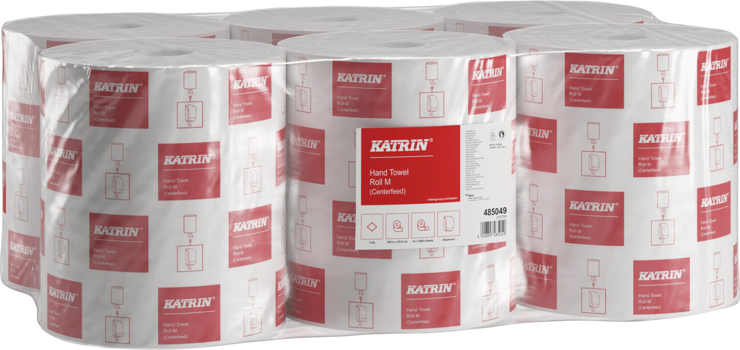 Katrin Metsä Tissue GmbH Towel multipurpose roll Centerfeed Classic M 1-ply Handtuch-Mehrzweckrolle Centerfeed Classic M 1-lagig Towel multipurpose roll Centerfeed Classic M 1-ply; 20x20x20.5 cm (LxWxH); white; 6 piece / pack Handtuch-Mehrzweckrolle Centerfeed Classic M 1-lagig; 20x20x20.5 cm (LxBxH); weiß; 6 Stück / Pack High-quality towel roll made from 100% recycled paper. Single-ply, 1,000 sheets per roll, white. Roll diameter 20 cm, roll length 300 m. For wiping surfaces and drying hands. Suitable for medium to intensive use in a wide range of areas and for wiping surfaces and drying hands.  Paper removal from the center of the dispenser. Paper can be removed as required.  Certified with EU Ecolabel. Hochwertige Handtuchrolle aus 100 % Recyclingpapier. Einlagig, 1.000 Blatt pro Rolle, weiß. Rollendurchmesser 20 cm, Rolllänge 300 m. Zum Abwischen von Oberflächen und zum Händetrocknen. Geeignet für mittlere bis intensive Nutzung in vielfältigen Bereich und zum Abwischen von Oberflächen und zum Hände trocknen geeignet.  Entnahme des Papiers aus der Mitte des Spenders. Bedarfsgerechte Papierentnahme möglich.  Zertifiziert mit EU Ecolabel.