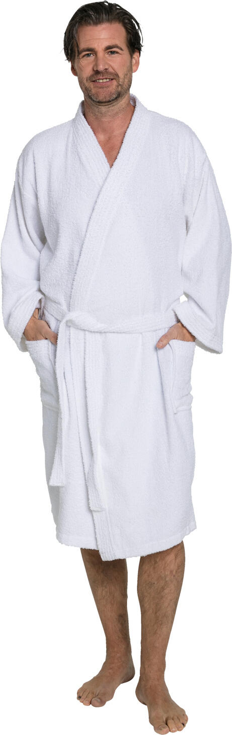 PULSIVA Oreon Unisex Walk Terry Kimono Bathrobe, 100% Cotton, 360 g/m², White, 118.5 cm, with Tie Belt and Two Patch Pockets, OEKO-TEX Standard 100