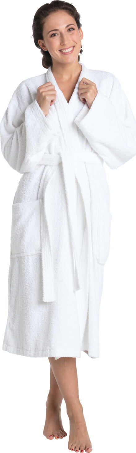 PULSIVA Oreon Unisex Walk Terry Kimono Bathrobe, 100% Cotton, 360 g/m², White, 118.5 cm, with Tie Belt and Two Patch Pockets, OEKO-TEX Standard 100