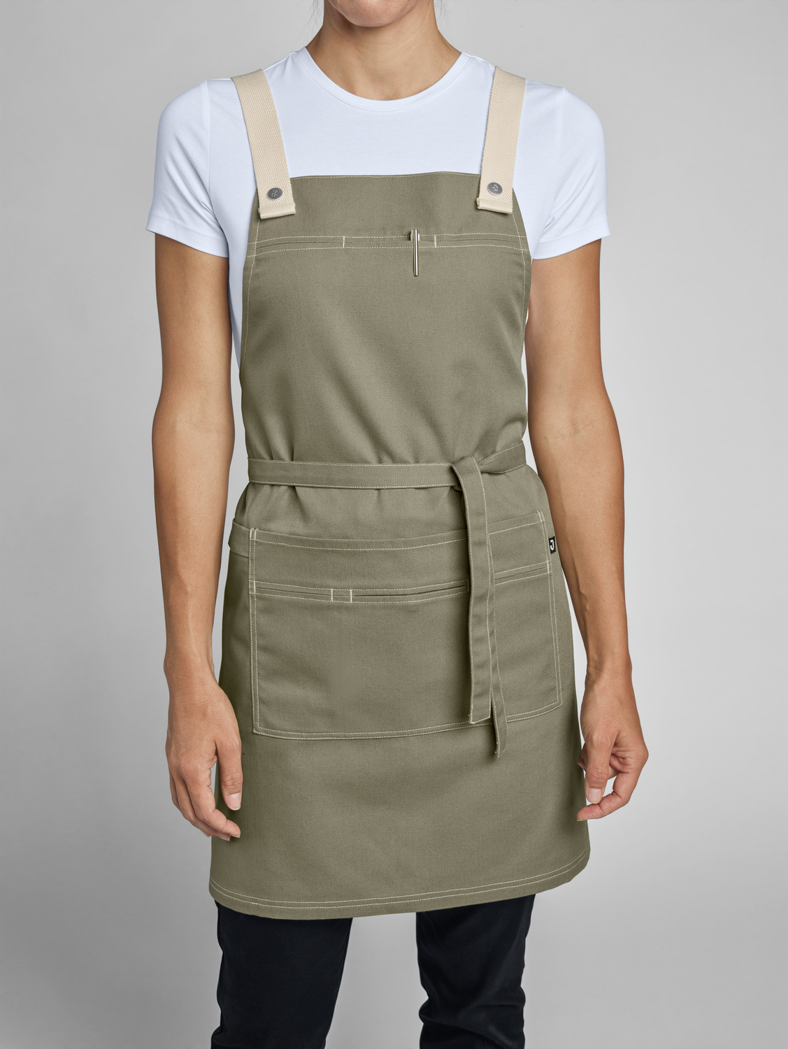 Jobeline Larry Bib Apron 77x80 cm Khaki, Polyester Cotton Canvas Blend with Adjustable Over-the-Shoulder Straps and Snap Pocket
