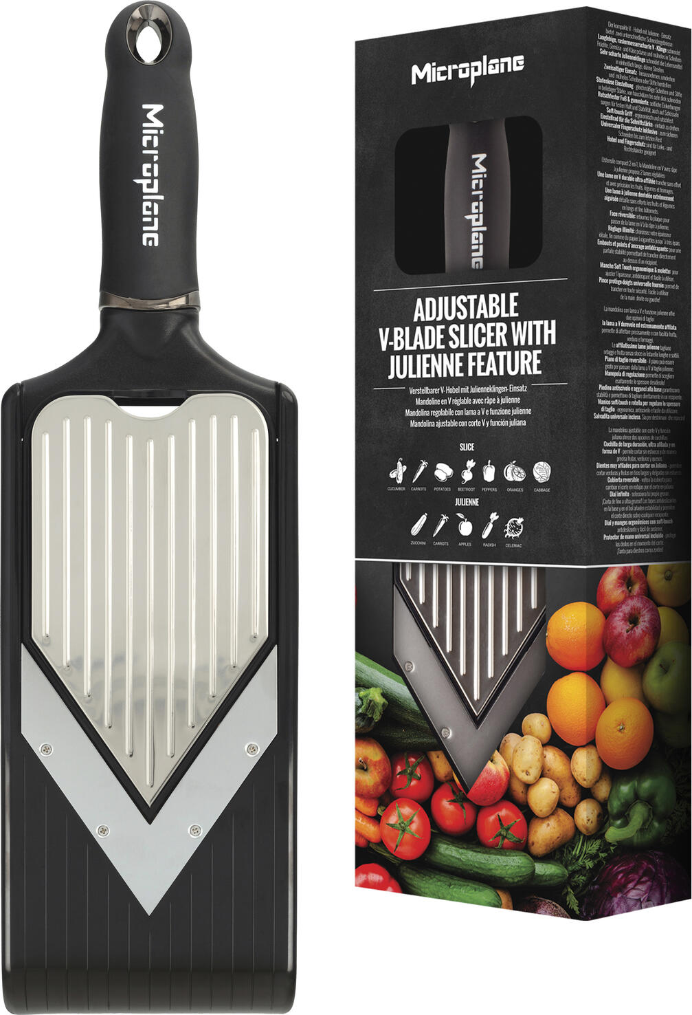 Microplane Adjustable V-Blade Slicer with Julienne Feature, Stainless Steel Blades, Infinity Dial Thickness Adjustment, Ergonomic Handle, Black