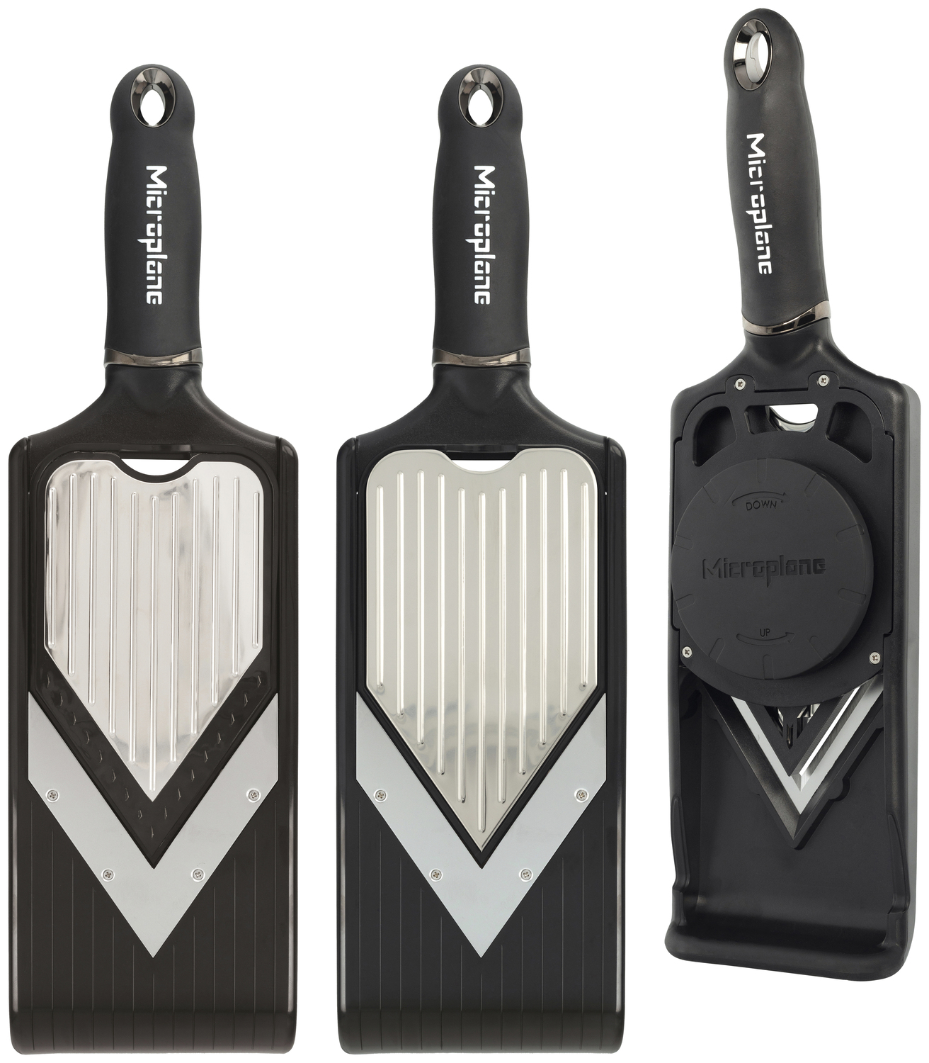 Microplane Adjustable V-Blade Slicer with Julienne Feature, Stainless Steel Blades, Infinity Dial Thickness Adjustment, Ergonomic Handle, Black