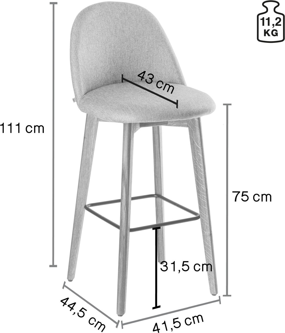 VEGA Alwin Bar Stool, Anthracite Polyester Fabric Seat, Solid Oiled Oak Frame, 47x48x111 cm, FSC-certified, Without Armrests