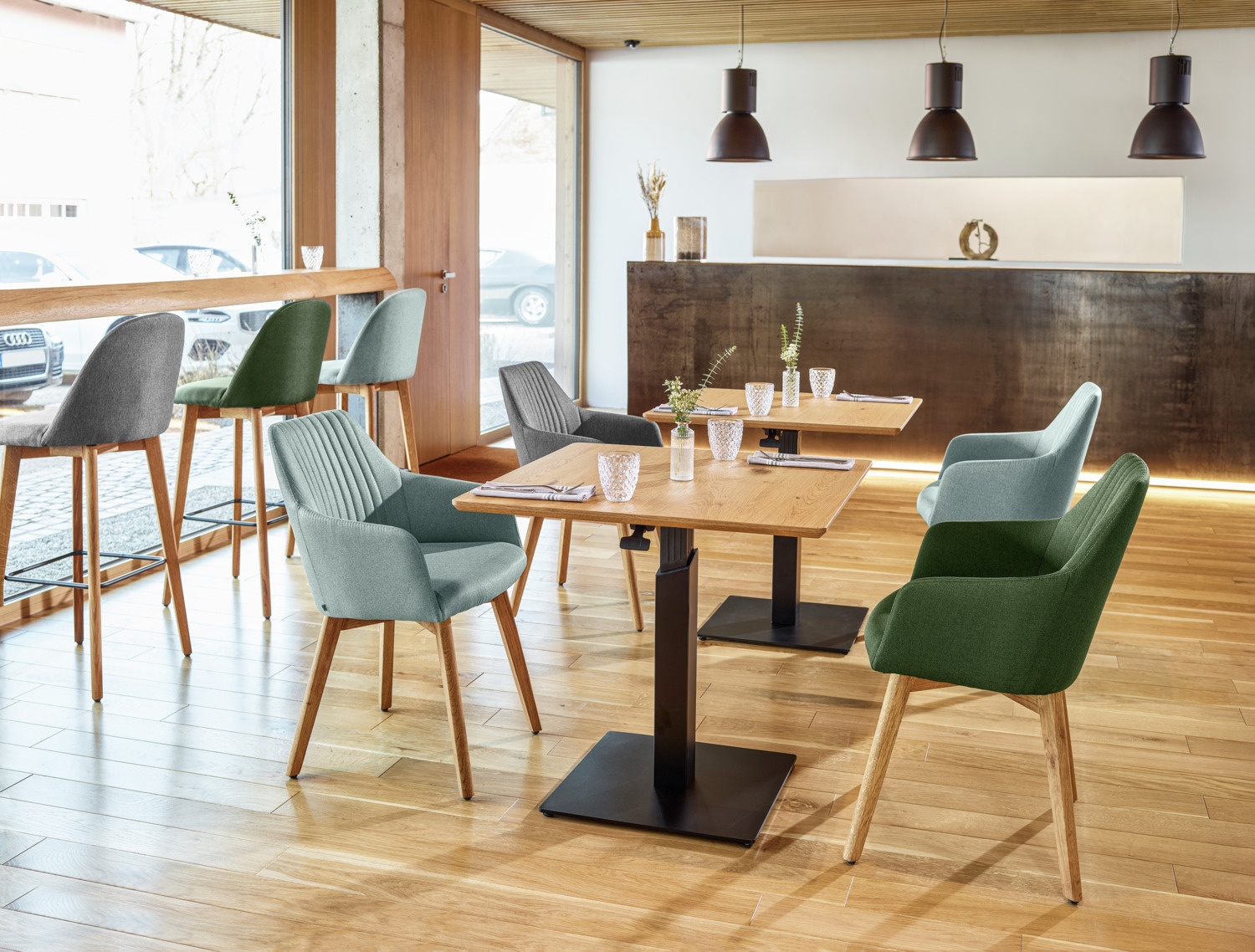 VEGA Alwin Bar Stool, Anthracite Polyester Fabric Seat, Solid Oiled Oak Frame, 47x48x111 cm, FSC-certified, Without Armrests