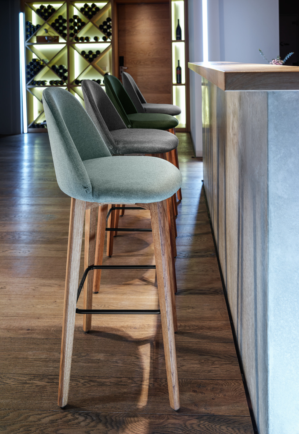 VEGA Alwin Bar Stool, Anthracite Polyester Fabric Seat, Solid Oiled Oak Frame, 47x48x111 cm, FSC-certified, Without Armrests
