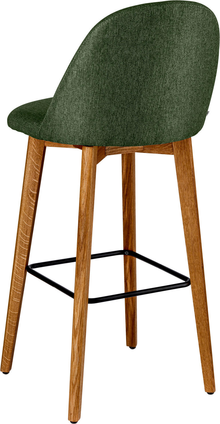 VEGA Alwin Bar Stool, Green Polyester Fabric Seat, Solid Oak Oiled Frame, 47x48x111 cm, FSC Certified, Black Metal Footrest, Assembled