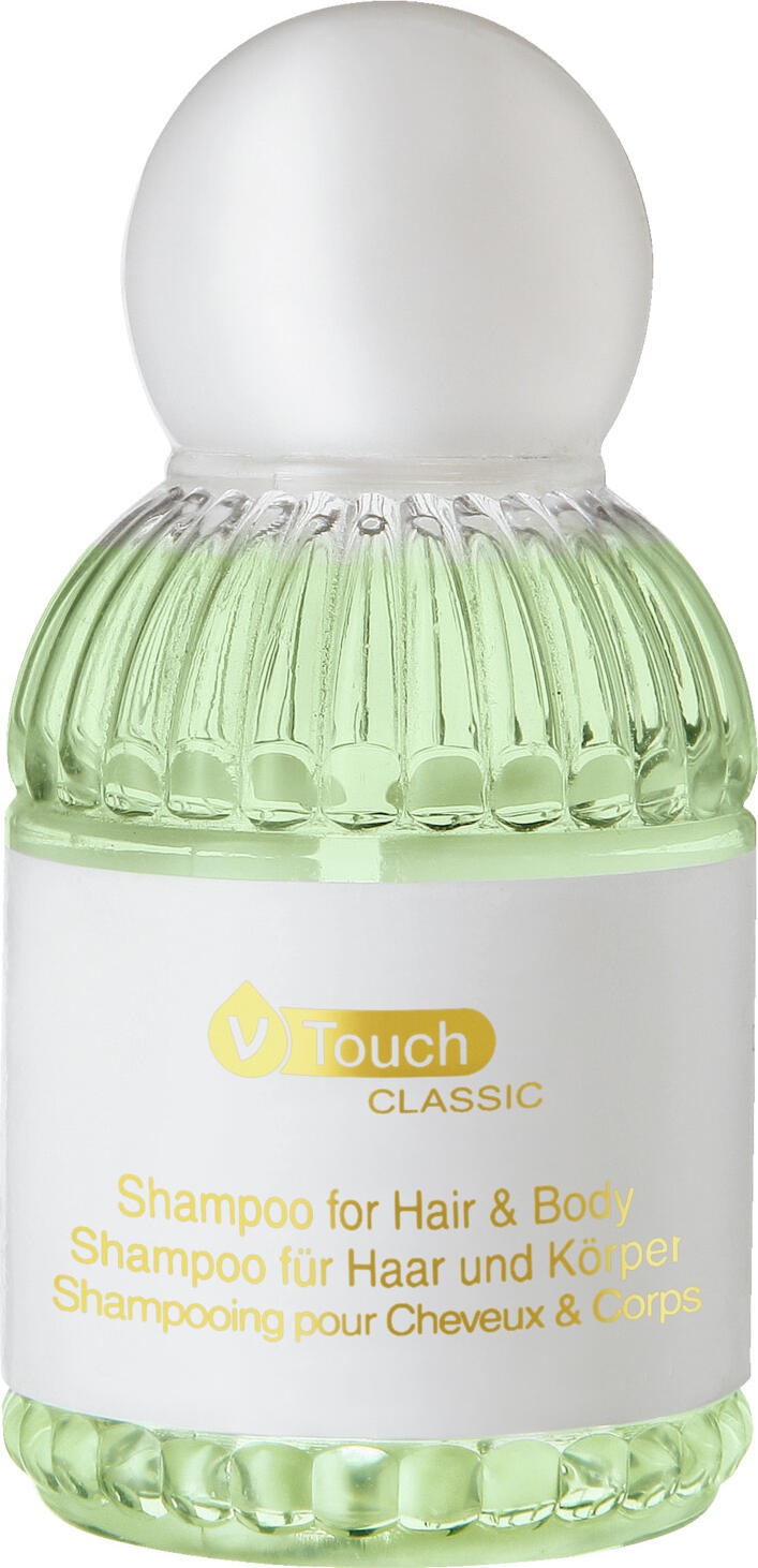 V-Touch LUSINI Solutions GmbH Hotel shampoo and shower gel Classic Hotel Shampoo und Duschgel Classic Hotel shampoo and shower gel Classic; 45 ml; green/white; 240 piece / pack Hotel Shampoo und Duschgel Classic; 45 ml; grün/weiß; 240 Stück / Pack The combined hair shampoo and shower gel two-in-one V-Touch Classic is a care product in a class of its own. The mildly foaming and gently cleansing two-in-one product is refreshing and the ideal all-round care product. It exudes a delicate fragrance of flowers and fresh citrus fruits. Dermatologically tested and pH-neutral. The two-in-one shampoo is supplied in transparent 45 ml bottles with a screw cap. Order the matching V-Touch Classic body lotion at the same time. Das kombinierte Haarshampoo und Duschgel zwei-in-eins V-Touch Classic ist ein Pflegeprodukt der Extraklasse. Das mild schäumende und sanft reinigende zwei-in-eins Produkt ist erfrischend und die ideale Allround-Pflege. Es verströmt einen zarten Duft nach Blüten und frischen Zitrusfrüchten. Dermatologisch getestet und pH-neutral. Das zwei-in-eins Shampoo wird in transparenten 45 ml- Flaschen mit Schraubverschluss geliefert. Passende Körperlotion V-Touch Classic gleich mitbestellen.