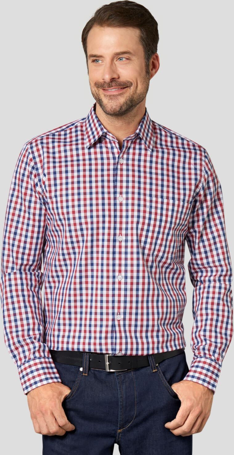 JOBELINE Jackson Men's Long Sleeve Shirt, 100% Cotton Easy-Care Three-Color Check, Kent Collar, Tailored Fit with Breast Pocket