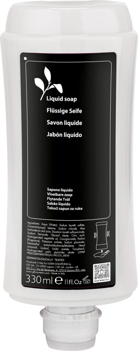 V-Touch LUSINI Solutions GmbH Hotel liquid soap Green Tea in a dispenser system Hotel Flüssigseife  Green Tea im Spendersystem Hotel liquid soap Green Tea in a dispenser system; 330 ml; white; 24 piece / pack Hotel Flüssigseife  Green Tea im Spendersystem; 330 ml; weiß; 24 Stück / Pack Fresh, invigorating liquid soap Green Tea for hands and body gently cleanses and nourishes the skin at the same time. The liquid soap comes in the useful dispenser bottle. The soap is easy to take out and exudes a pleasant scent of lemon, mint, cedar wood and white musk. It contains high-quality aloe vera extract and cleanses every skin type mildly and gently. Dermatologically tested and pH neutral. The dispenser bottle is made of 100% recycled material and is inserted into the dispenser. Removal is done by light pressure on the bottle. In addition, the dispenser bottle is environmentally friendly and can be recycled after use. Dispenser bottle capacity: 330 ml. Order matching holder separately. Die frisch, belebendes Flüssigseife Green Tea für Hände und Körper reinigt die Haut sanft und pflegt sie zugleich. Die Flüssigseife kommt in der nützlichen Spenderflasche. Die Seife ist einfach zu entnehmen und verströmt einen angenehmen Duft von Zitrone, Minze, Zedernholz und weißem Moschus. Sie enthält hochwertiges Aloe Vera Extrakt und reinigt jeden Hauttypen mild und schonend. Dermatologisch getestet und pH-neutral. Die Spenderflasche ist aus 100 % recyceltem Material und wird in den Spender eingehängt. Die Entnahme erfolgt durch leichten Druck auf die Flasche. Dazu ist die Spenderflasche umweltschonend und kann nach Gebrauch recycelt werden. Spenderflasche Inhalt: 330 ml. Passende Halterung separat dazu bestellen.