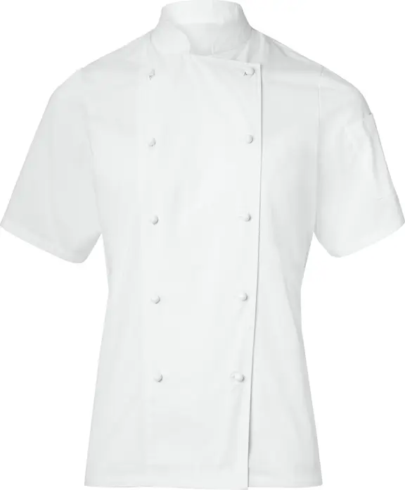 Jacketă Bucătărie femei PULSIVA Milan, mâini scurte, 65% Poliester 35% Bumbac, Albă, Croială ușor evazată, Guler Caucă, OEKO-TEX Standard 100