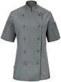 PULSIVA LUSINI Solutions GmbH Women's chef's jacket Milan short-sleeved Damen Kochjacke Milan Kurzarm Women's chef's jacket Milan short-sleeved; Size 48; grey Damen Kochjacke Milan Kurzarm; Kleidergröße 48; grau 65 % polyester, 35 % cotton. 150 g/m². 60 °C wash. Short-sleeved women's chef jacket made of extra light and robust fabric. With stand-up collar and two-piece upper arm pocket. Slightly waisted cut. Delivery includes matching ball buttons. Back length: 73 cm for size 36. 65 % Polyester, 35 % Baumwolle. 150 g/m². 60°-Wäsche Kurzärmlige Damenkochjacke aus extra leichtem und robustem Gewebe. Mit Stehkragen und zweigeteilter Oberarmtasche. Leicht tailliert geschnitten. Lieferung inkl. farblich passender Kugelknöpfe. Rückenlänge: 73 cm in Gr. 36