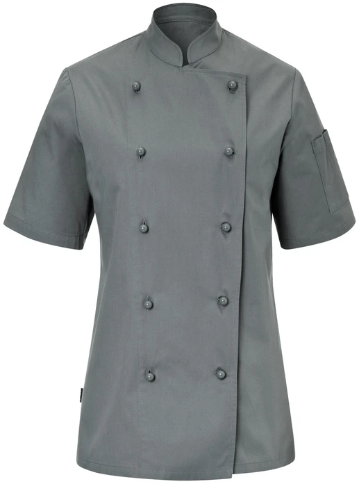 PULSIVA LUSINI Solutions GmbH Women's chef's jacket Milan short-sleeved Damen Kochjacke Milan Kurzarm Women's chef's jacket Milan short-sleeved; Size 48; grey Damen Kochjacke Milan Kurzarm; Kleidergröße 48; grau 65 % polyester, 35 % cotton. 150 g/m². 60 °C wash. Short-sleeved women's chef jacket made of extra light and robust fabric. With stand-up collar and two-piece upper arm pocket. Slightly waisted cut. Delivery includes matching ball buttons. Back length: 73 cm for size 36. 65 % Polyester, 35 % Baumwolle. 150 g/m². 60°-Wäsche Kurzärmlige Damenkochjacke aus extra leichtem und robustem Gewebe. Mit Stehkragen und zweigeteilter Oberarmtasche. Leicht tailliert geschnitten. Lieferung inkl. farblich passender Kugelknöpfe. Rückenlänge: 73 cm in Gr. 36