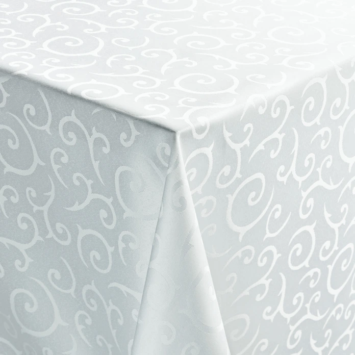 PULSIVA Mega Rectangular Tablecloth, 130 x 220 cm, 100% Polyester, White with Noble Tendril Design, Silk Sheen, OEKO-TEX Standard 100