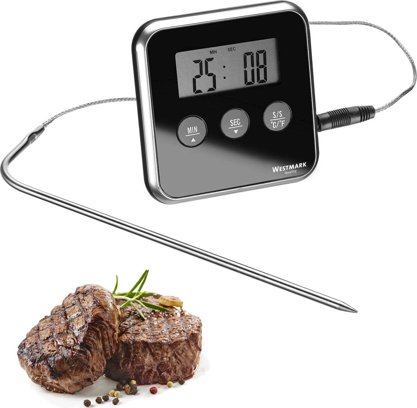 Westmark Digital Roast Thermometer, Stainless Steel Probe, 0-250°C, 17cm, with Alarm and Timer, Magnet and Fold-out Stand, Black/Silver