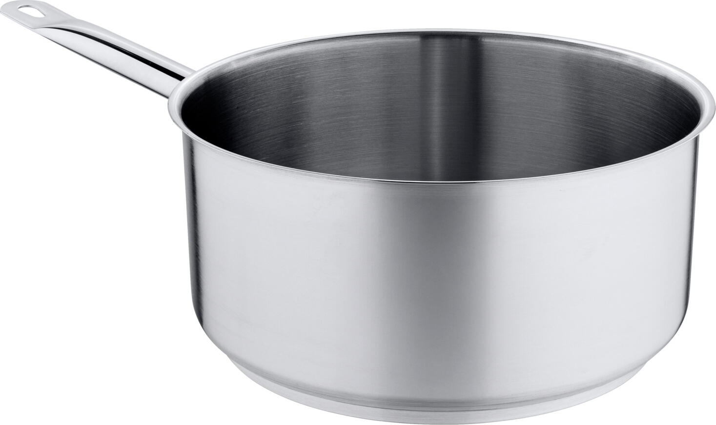 PULSIVA LUSINI Solutions GmbH Saucepan Chef high Stielkasserolle Chef hoch Saucepan Chef high; 5 l, 24x11.5 cm (ØxH); silver Stielkasserolle Chef hoch; 5 l, 24x11.5 cm (ØxH); silber Cooking pot made of chrome-nickel stainless steel 18/0, rustproof, matt brushed. Extra strong design. Strong stainless steel base in sandwich technique, with 6 mm aluminium core. Spot-welded, solid handles. With pouring rim. Available in different sizes. Suitable for all hob types. Supplied without lid. Kochtopf aus Chrom-Nickel-Edelstahl 18/0, rostfrei, matt gebürstet. Extra starke Ausführung. Starker Edelstahlboden in Sandwich-Technik, mit 6 mm Aluminiumkern. Punktgeschweißte, massive Griffe. Mit Schüttrand. In unterschiedlichen Größen erhältlich. Geeignet für alle Herdarten. Lieferung ohne Deckel.