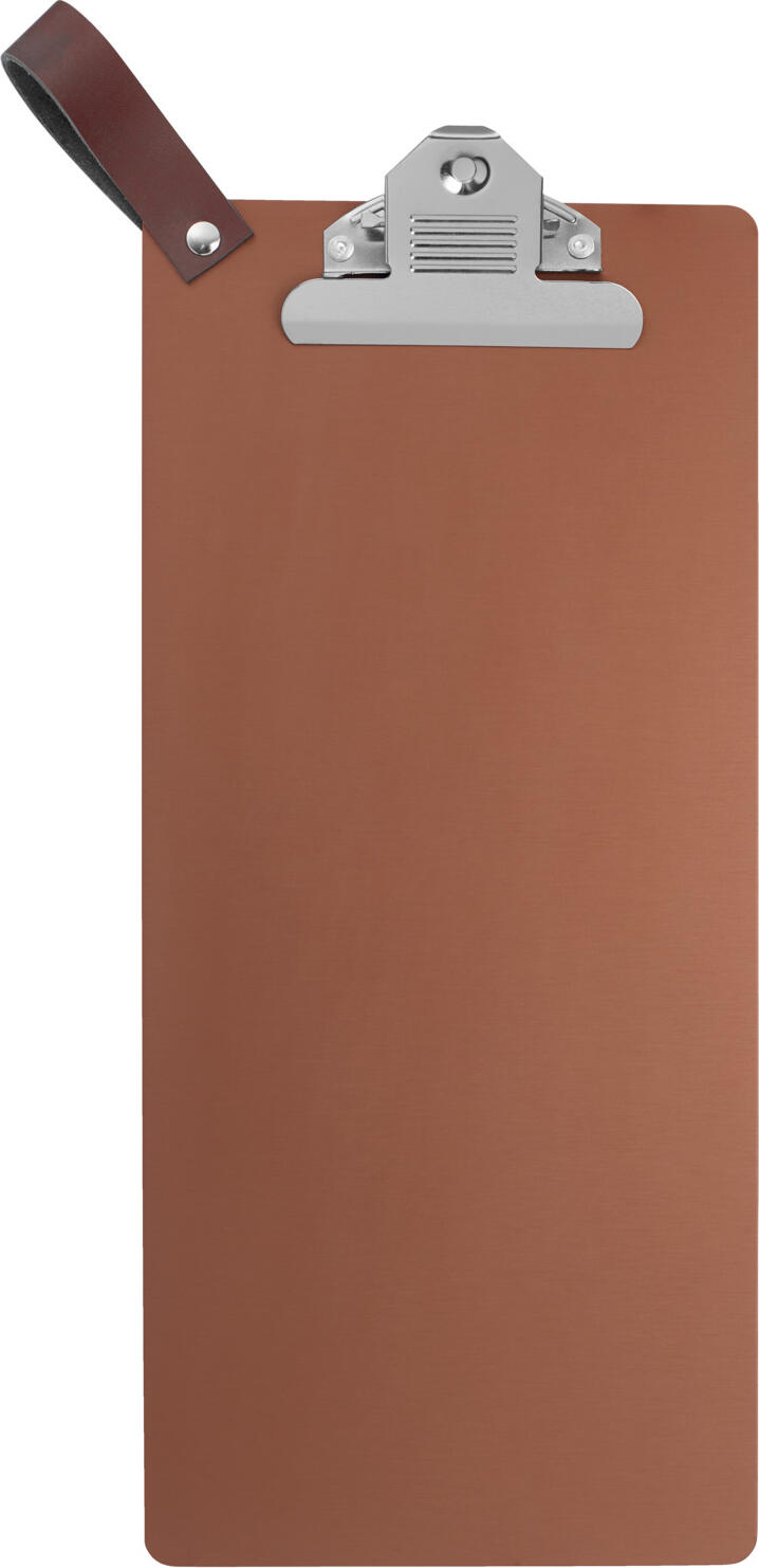 VEGA LUSINI Solutions GmbH Menu clipboard Colorado bar format Speisekarten-Klemmbrett Colorado Barformat Menu clipboard Colorado bar format; Bar size, 14.5x32 cm (WxH); copper Speisekarten-Klemmbrett Colorado Barformat; Barformat, 14.5x32 cm (BxH); kupfer Daily menu in bar size. Robust clipboard made of anodized aluminum with integrated clip and loop made of imitation leather. Insensitive to scratches. Available in several colors. Tagesspeisekarte im Barformat. Robustes Klemmbrett aus eloxiertem Aluminium mit integrierter Klammer und Schlaufe aus Kunstleder. Unempfindlich gegen Kratzer. In mehreren Farben erhältlich.