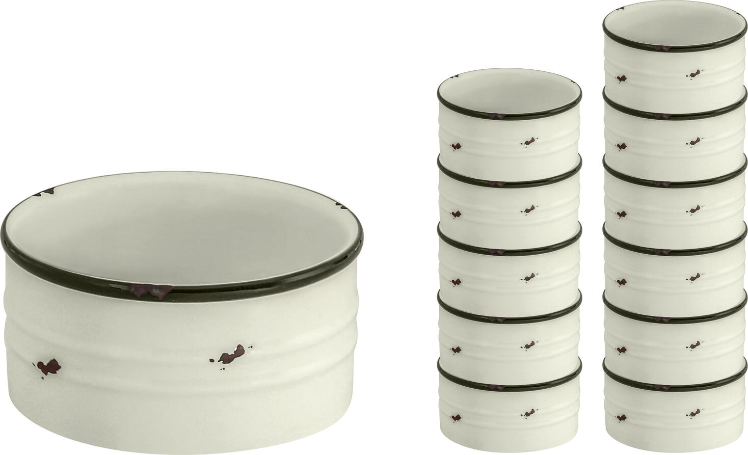 Bol mic VEGA Liron din porțelan, design retro, alb crem cu margine neagra, rezistent la mașina de spălat vase și cuptor cu microunde
