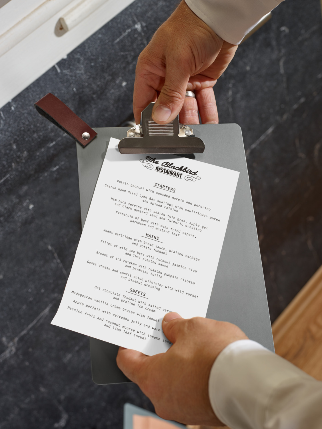 VEGA Colorado Menu Clipboard DIN A5, Anodized Aluminum, Anthracite, with Imitation Leather Hanging Loop, 16.4 x 24.5 cm