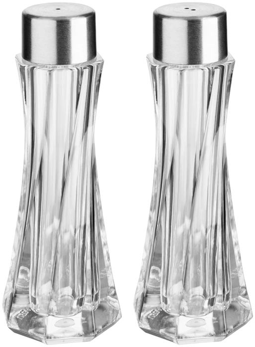 Set solniță și piperă VEGA Juki, corp din acrilic, capac din oțel inoxidabil, 3.7x3.7x10.5 cm, Argintiu/Transparent