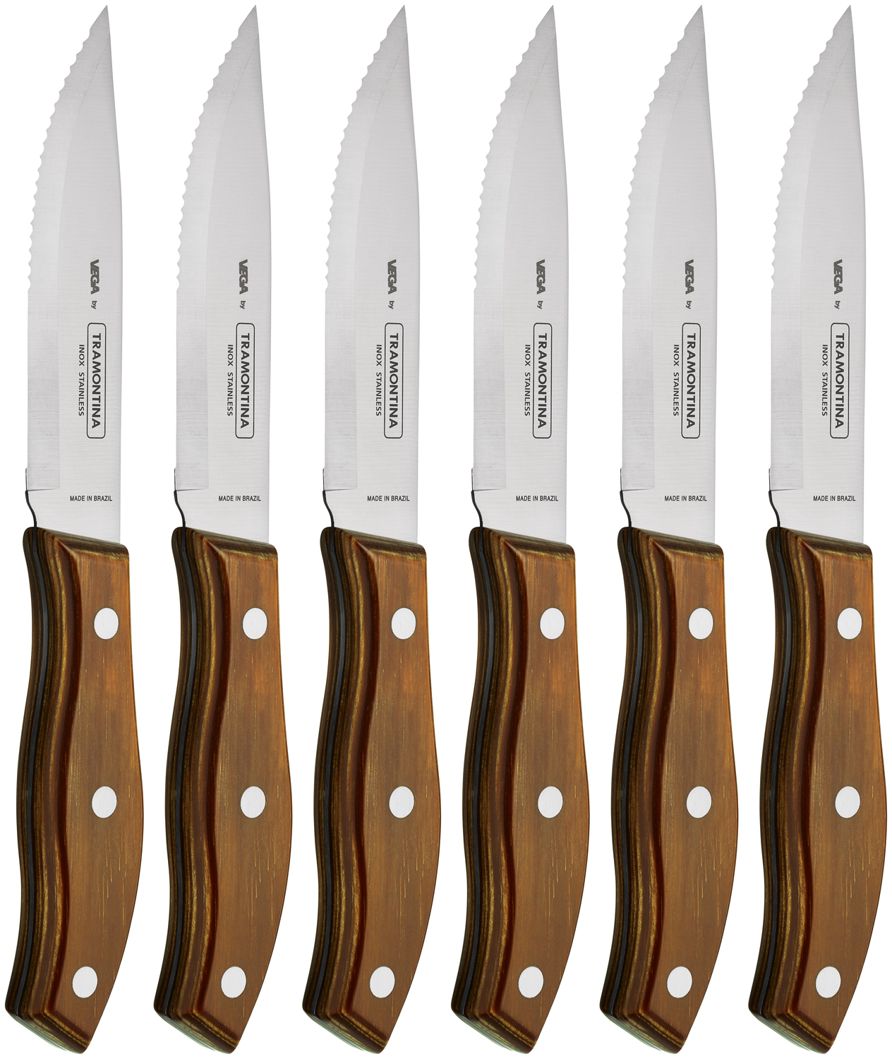 VEGA LUSINI Solutions GmbH Jumbo steak knife Picanha with continous blade Jumbo-Steakmesser Picanha mit durchgehender Klinge Jumbo steak knife Picanha with continous blade; 24 cm (L); silver, handle light-brown; 6 piece / pack Jumbo-Steakmesser Picanha mit durchgehender Klinge; 24 cm (L); silber, Griff hellbraun; 6 Stück / Pack Stainless steel 13/0, rustproof. Polywood handle. Jumbo steak knife in the familiar Tramontina design. Hard cutting blade with durable handles with stainless steel rivets. The polywood handles are made of several layers of pine wood, impregnated with resin and then pressed into shape. Suitable for dishwasher. Chrom-Edelstahl 13/0, rostfrei. Griff aus Polywood. Jumbo-Steakmesser in bekanntem Tramontina Design. Harte Schneideklinge mit langlebigen Griffen mit Edelstahlnieten. Die aus Polywood gefertigten Griffe bestehen aus mehreren Schichten Kiefernholz, die mit Harz imprägniert und danach in Form gepresst werden. Spülmaschinengeeignet.
