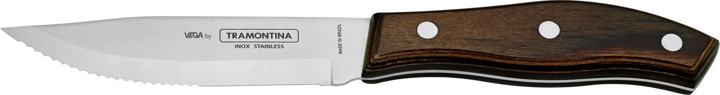 VEGA LUSINI Solutions GmbH Jumbo steak knife Picanha with continous blade Jumbo-Steakmesser Picanha mit durchgehender Klinge Jumbo steak knife Picanha with continous blade; 24 cm (L); silver, handle brown; 6 piece / pack Jumbo-Steakmesser Picanha mit durchgehender Klinge; 24 cm (L); silber, Griff braun; 6 Stück / Pack Stainless steel 13/0, rustproof. Polywood handle. Jumbo steak knife in the familiar Tramontina design. Hard cutting blade with durable handles with stainless steel rivets. The polywood handles are made of several layers of pine wood, impregnated with resin and then pressed into shape. Suitable for dishwasher. Chrom-Edelstahl 13/0, rostfrei. Griff aus Polywood. Jumbo-Steakmesser in bekanntem Tramontina Design. Harte Schneideklinge mit langlebigen Griffen mit Edelstahlnieten. Die aus Polywood gefertigten Griffe bestehen aus mehreren Schichten Kiefernholz, die mit Harz imprägniert und danach in Form gepresst werden. Spülmaschinengeeignet.