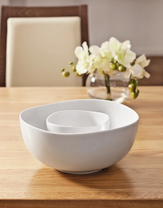 VEGA Ovalize Porcelain Bowl Set of 2, White Organic Round Shape, 4000 ml Capacity, 27.5 cm Diameter, Dishwasher and Microwave Safe
