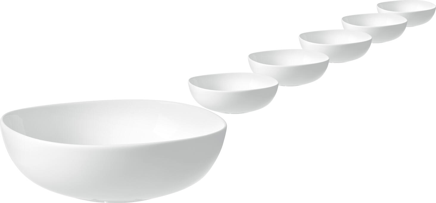 VEGA Ovalize Porcelain Bowls, White, 550 ml, 16 cm Diameter, Organic Shape, Dishwasher and Microwave Safe, Set of 6