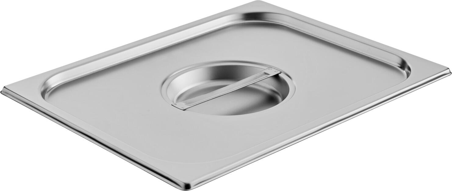VEGA LUSINI Solutions GmbH GN lid 1/2 Premium without recess GN-Deckel 1/2 Premium ohne Aussparung GN lid 1/2 Premium without recess; GN 1/2; silver; rectangular GN-Deckel 1/2 Premium ohne Aussparung; GN 1/2; silber; rechteckig GN lid 1/2 made of chrome-nickel stainless steel 18/10, without recesses. Dishwasher safe. GN-Deckel 1/2 aus Chrom-Nickel-Edelstahl 18/10, rostfrei, ohne Aussparungen. Spülmaschinengeeignet.