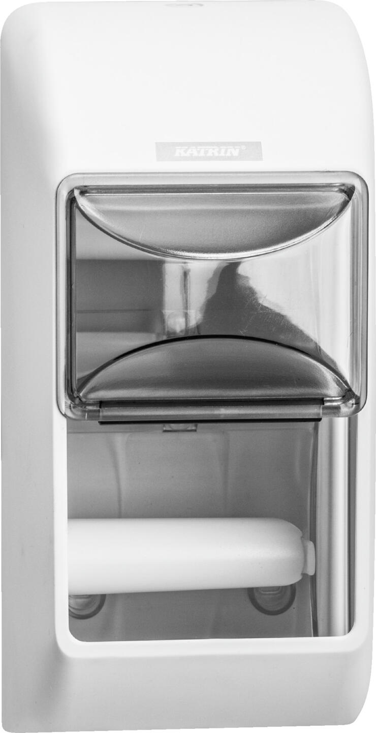 Katrin Toilet Paper Dispenser for 2 Rolls, White ABS Plastic, Lockable with Viewing Window, 14.5 x 30 x 14.5 cm