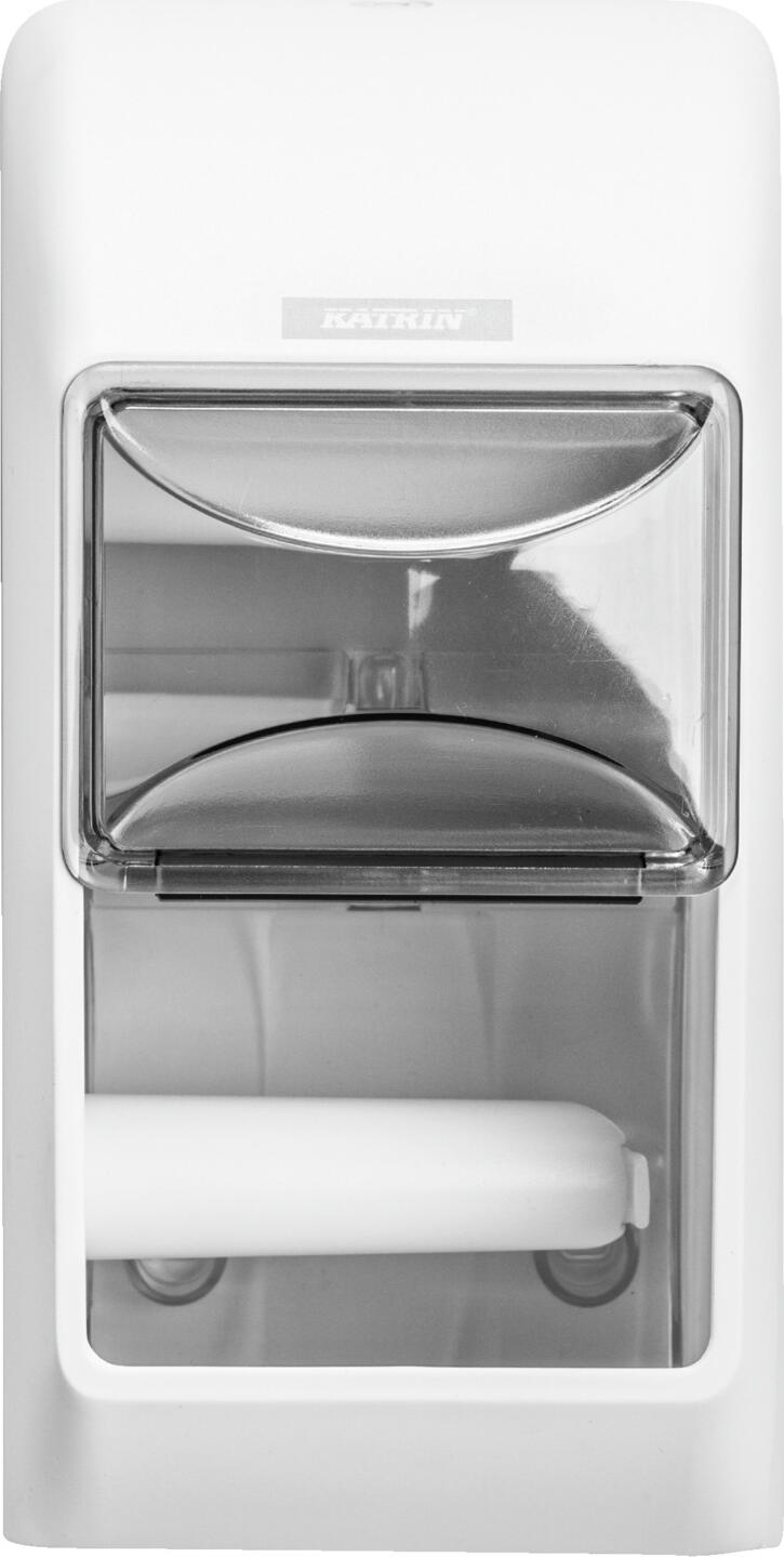 Katrin Metsä Tissue GmbH Toilet paper dispenser 2 rolls Toilettenpapierspender 2 Rollen Toilet paper dispenser 2 rolls; 14.5x30x14.5 cm (WxHxD); white Toilettenpapierspender 2 Rollen; 14.5x30x14.5 cm (BxHxT); weiß The 2-roll toilet paper dispenser is made of ABS plastic and is designed for conventional toilet paper rolls with a max. diameter of 11.5 cm. The dispenser also has a viewing window. Suitable for mounting at the right or left corner (interchangeable roll holder). Lockable. Der 2 Rollen Toilettenpapierspender bestehend aus ABS-Kunststoff für konventionelle Toilettenpapierrollen mit einem Durchmesser von max. 11,5 cm. Zusätzlich verfügt der Spender über ein Sichtfenster. Geeignet für Eckanbringung rechts und links (Rollenhalter austauschbar). Abschließbar.
