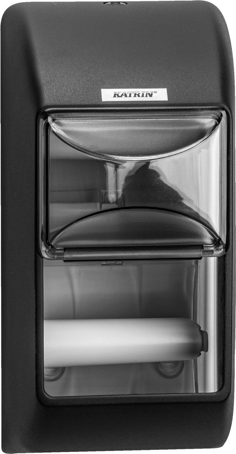 Dispensator de hartie igienica Katrin pentru 2 role, plastic ABS, negru, cu blocare si fereastra de vizualizare, 14.5x30x14.5 cm