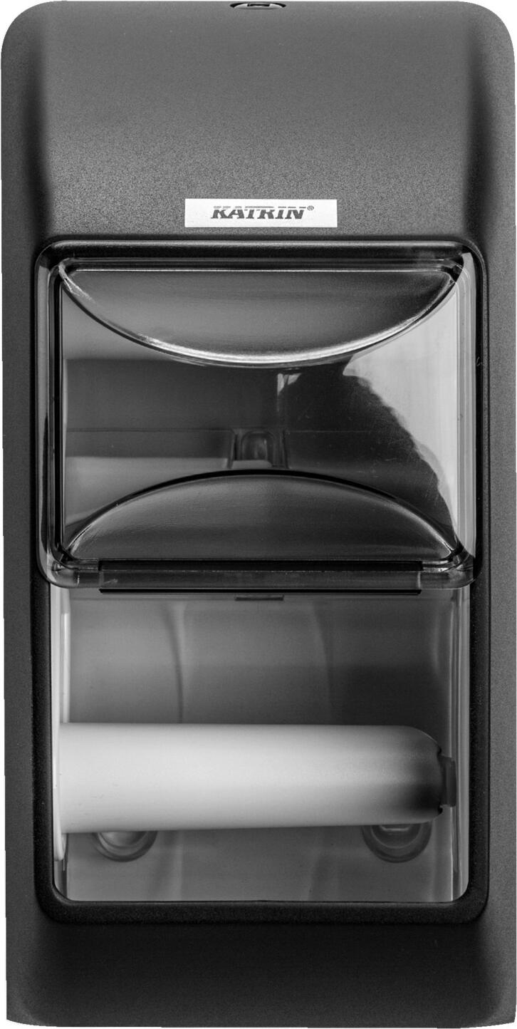 Katrin Metsä Tissue GmbH Toilet paper dispenser 2 rolls Toilettenpapierspender 2 Rollen Toilet paper dispenser 2 rolls; 14.5x30x14.5 cm (WxHxD); black Toilettenpapierspender 2 Rollen; 14.5x30x14.5 cm (BxHxT); schwarz The 2-roll toilet paper dispenser is made of ABS plastic and is designed for conventional toilet paper rolls with a max. diameter of 11.5 cm. The dispenser also has a viewing window. Suitable for mounting at the right or left corner (interchangeable roll holder). Lockable. Der 2 Rollen Toilettenpapierspender bestehend aus ABS-Kunststoff für konventionelle Toilettenpapierrollen mit einem Durchmesser von max. 11,5 cm. Zusätzlich verfügt der Spender über ein Sichtfenster. Geeignet für Eckanbringung rechts und links (Rollenhalter austauschbar). Abschließbar.