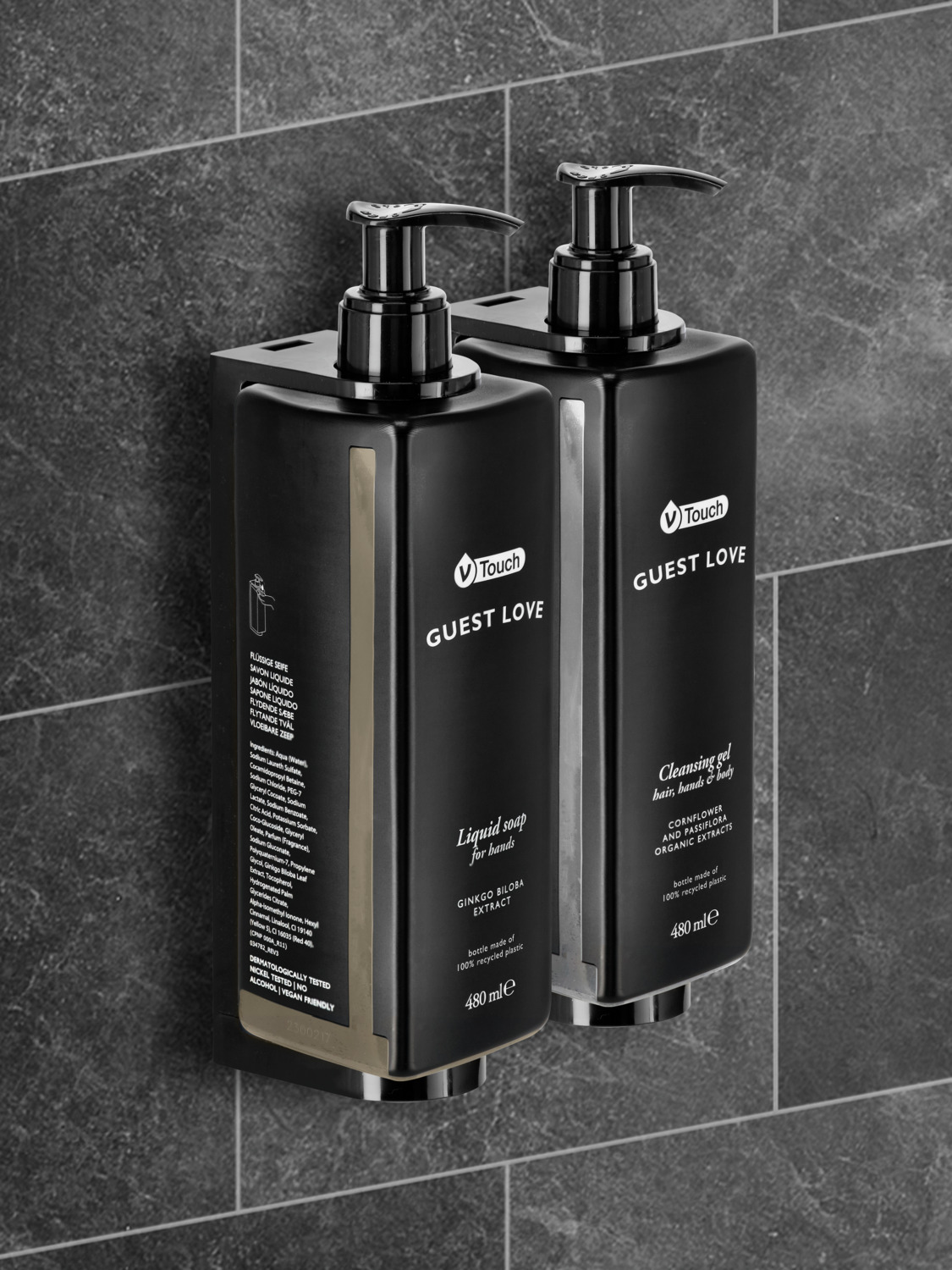 V-Touch Guest Love Dispenser Bottle Holder, Lockable Wall Mount with Adhesive Strip, Black, 18.8 cm Height, Set of 20 Pieces