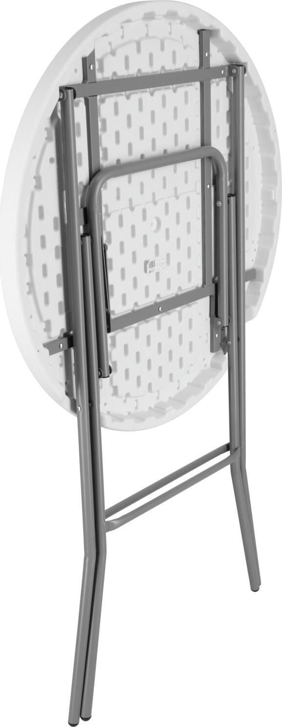 Masa bar rotunda PULSIVA Eventaro, Diametru 80cm, Inaltime 110cm, Blat HDPE Alb, Cadru Pliabil din Otel Vopsit in Culoare Gri, Rezistenta la Intemperii