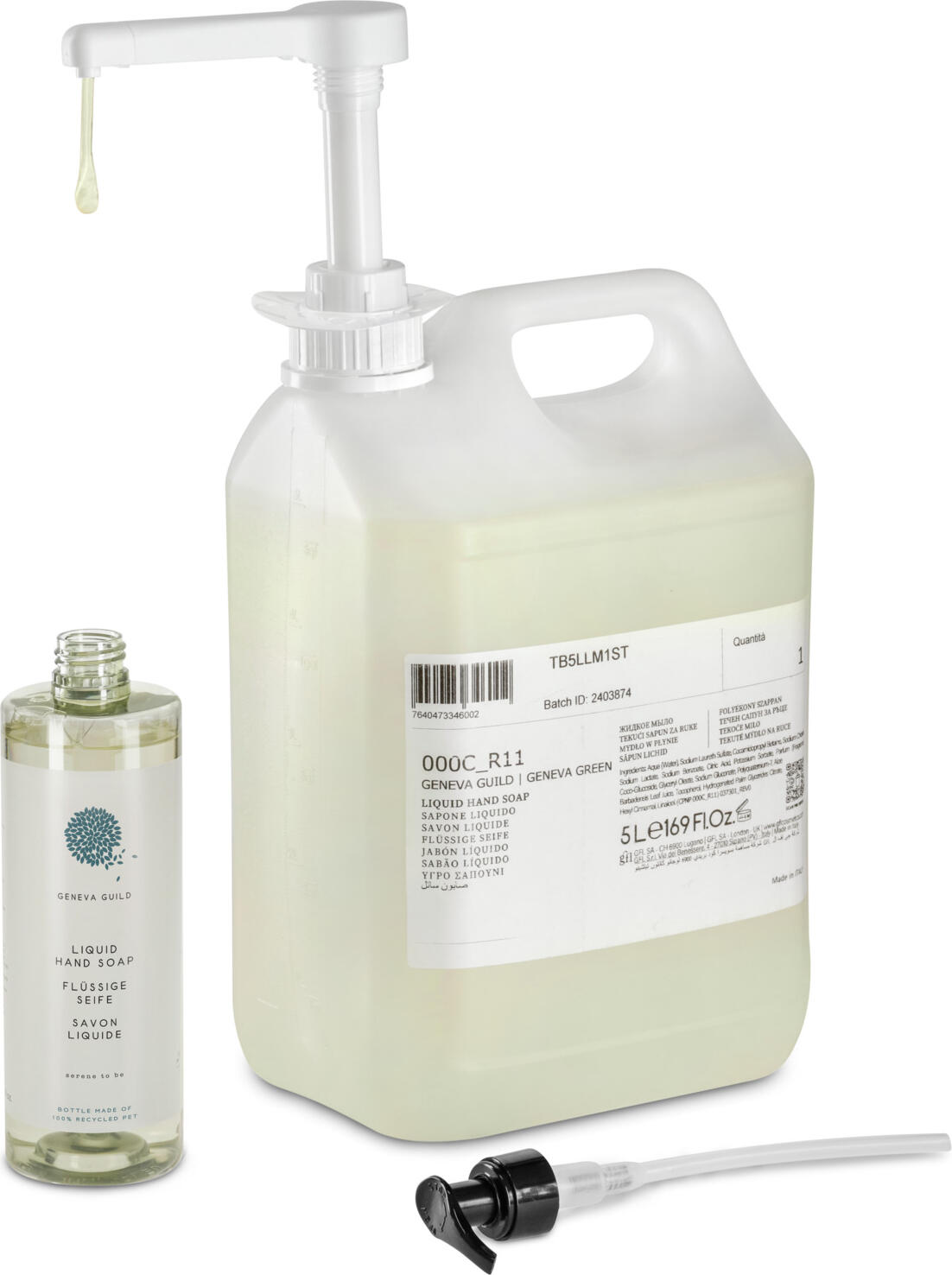 Sapun lichid de maini Geneva Guild cu Aloe Vera, pH neutru, vegan, sticla cu pompa de 380 ml, PET reciclat 100%, set de 18 piese