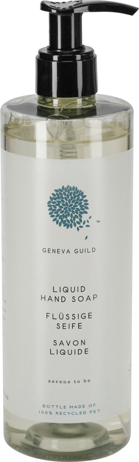 V-Touch LUSINI Solutions GmbH Soap Geneva Guild in pump dispenser Hotelseife Geneva Guild im Pumpspender Soap Geneva Guild in pump dispenser; 380 ml; transparent; 18 piece / pack Hotelseife Geneva Guild im Pumpspender; 380 ml; transparent; 18 Stück / Pack Mild liquid soap from Geneva Guild, gently cleanses the skin. The lightly scented formula is enriched with aloe vera extract. Dermatologically tested and pH neutral. The practical pump dispenser made of rPET can be refilled easily and flexibly. The entire packaging is 100% recyclable. Pump bottle capacity: 380 ml. Order matching holder separately. Milde Flüssigseife von Geneva Guild, reinigt die Haut sanft. Die leicht duftende Formel ist mit Aloe Vera-Extrakt angereichert. Dermatologisch getestet und pH-Neutral.  Der praktische Pumpspender aus rPET lässt sich einfach und flexibel nachfüllen. Die gesamte Verpackung ist zu 100 % recycelbar. Pumpflasche Inhalt: 380 ml. Passende Halterung separat dazu bestellen.