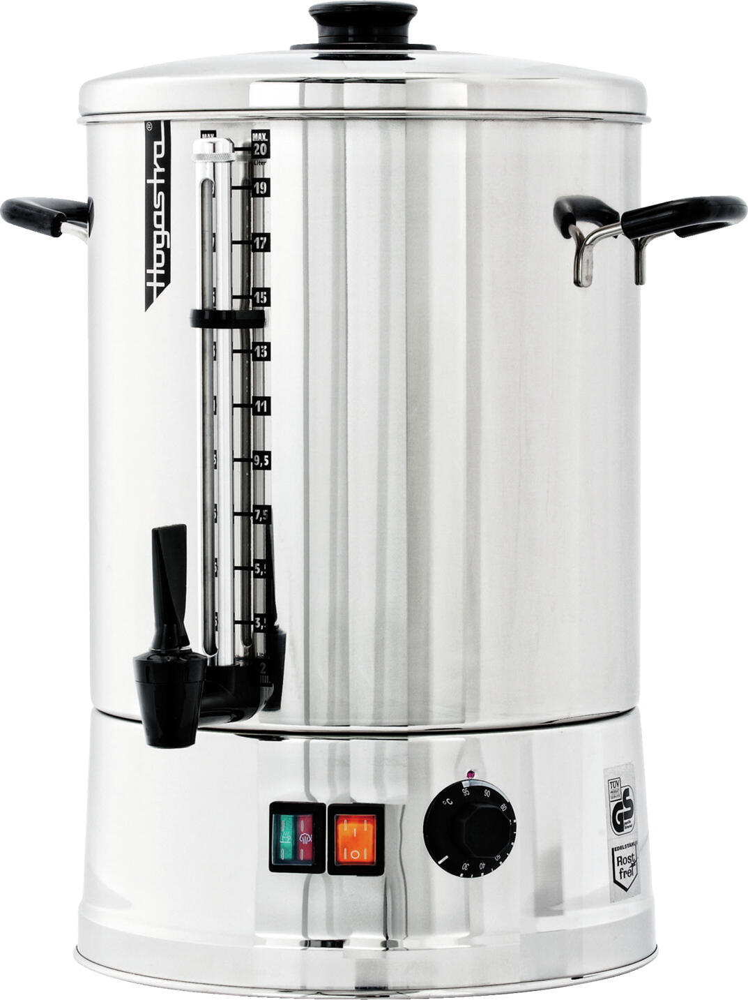 Hogastra Hogastra GmbH Hot water machine HWT-20 Heißwasserautomat HWT-20 Hot water machine HWT-20; 20 l, 52x30 cm (HxØ); silver Heißwasserautomat HWT-20; 20 l, 52x30 cm (HxØ); silber High-performance hot water machine made of 18/10 stainless steel. Can provide up to 15 liters of water per hour. Heat-up time approx. 20 minutes. A practical tap allows cups or jugs to be filled quickly. A sight glass indicates the amount of water left. Power: 2000 watts, capacity 2 - 20 liters, illuminated on/off switch, indicator light: heating phase red or holding phase green. With manually adjustable temperature control, stainless steel underfloor heating for temperatures between 30 °C and 95 °C. Hochleistungsfähiger Heißwasserautomat aus Edelstahl 18/10, rostfrei. Kann bis 15 Liter Wasser pro Stunde bereitstellen. Aufheizzeit ca. 20 Minuten. Durch praktischen Zapfhahn können Tassen oder im Schnelldurchlauf Kannen gefüllt werden. Ein Schauglas informiert über die noch vorhandene Wassermenge. Leistung: 2000 Watt, Fassungsvermögen 2 - 20 Liter, beleuchteter Ein/Aus-Schalter, Kontrollleuchte: Heizphase rot oder Heißhaltephase grün. Mit manuell einstellbarem Temperaturregler, Edelstahl-Unterbodenheizung für Temperatur zwischen 30 °C und 95 °C.