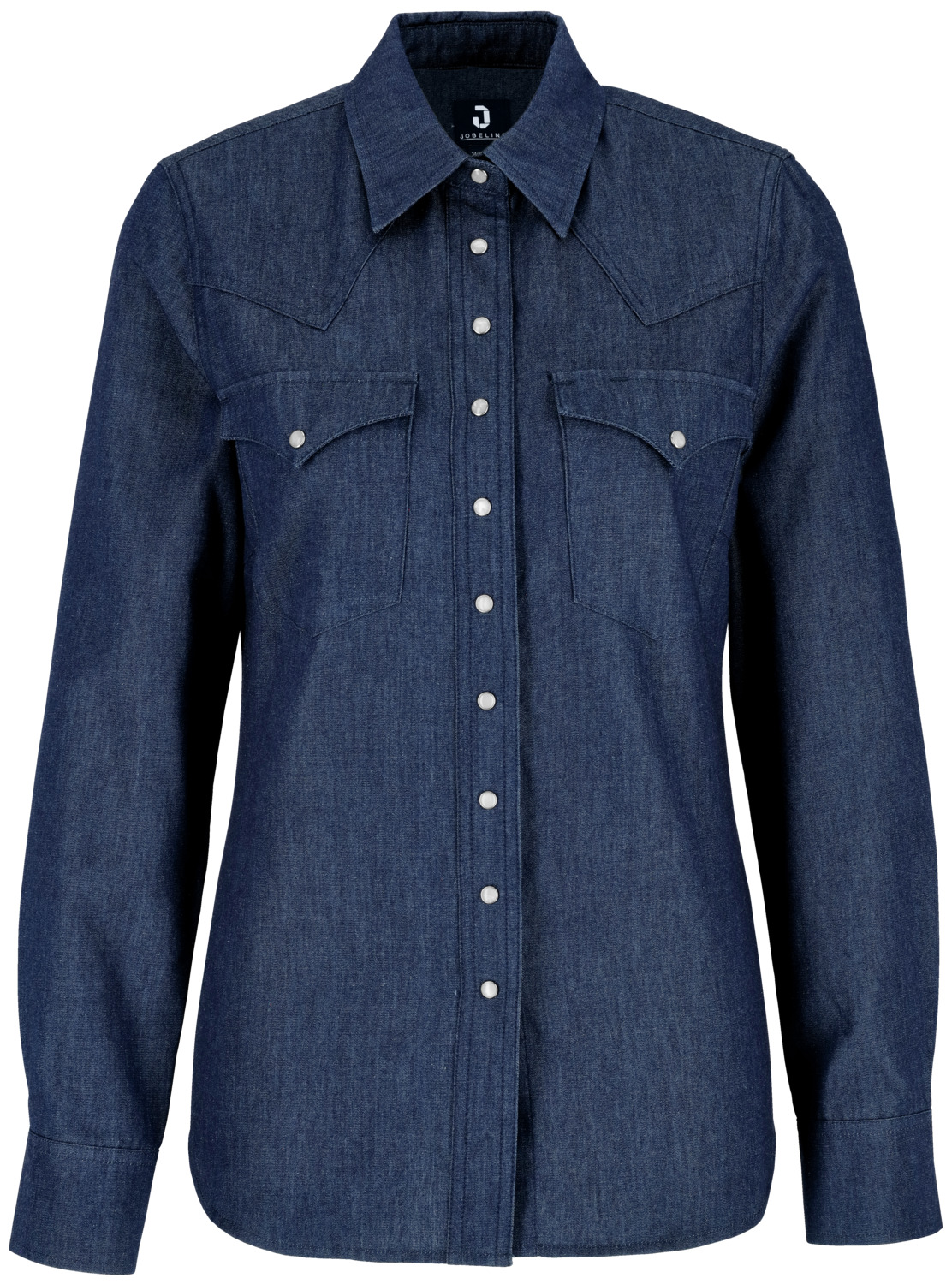 JOBELINE LUSINI Solutions GmbH Women's denim shirt Ryan Damen Jeanshemd Ryan Women's denim shirt Ryan; Size 38; dark-blue Damen Jeanshemd Ryan; Kleidergröße 38; dunkelblau 74 % cotton, 26 % polyester. 135 g/m². 40°C wash. Modern western-style denim blouse with a tapered shoulder and back yoke and a classic shirt collar. With two patch breast pockets, classic cuffs on the sleeve hem and a rounded hem. Centre button placket and breast pockets with mother-of-pearl-look press studs. Slim fit cut. Thanks to the high cotton content, the blouse will take on its typical and unmistakable denim used look over time. Back length: 67 cm for size 36. 74 % Baumwolle, 26 % Polyester. 135 g/m². 40°-Wäsche. Moderne Jeansbluse im Westernstil mit spitz zulaufender Schulter- und Rückenpasse, sowie einem klassischen Hemdblusenkragen. Mit zwei aufgesetzten Brusttaschen, klassischen Manschetten am Ärmelsaum und abgerundetem Saum. Mittlere Knopfleiste, sowie Brusttaschen mit Druckknöpfen in Perlmuttoptik. Slim Fit geschnitten. Dank des hohen Baumwollanteils bekommt die Bluse mit der Zeit ihren typischen und unverwechselbaren Jeans Used-Look. Rückenlänge: 67 cm in Gr. 36