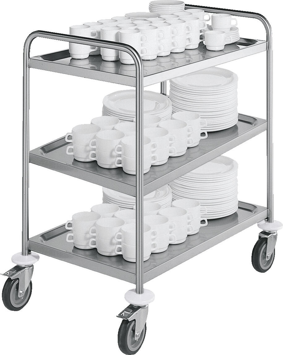 VEGA LUSINI Solutions GmbH Serving trolley Serve 3BM Servierwagen Serve 3BM Serving trolley Serve 3BM; 83x53x93.3 cm (WxDxH); silver Servierwagen Serve 3BM; 83x53x93.3 cm (BxTxH); silber Serving trolley made of 18/10 chrome-nickel stainless steel. For easy transport of crockery, food and other items. Sturdy round tube with a diameter of 2.5 cm. Shelves fitted with sound-absorbing anti-drumming mats. Load capacity per shelf: 80kg. Available with three shelves. Four corrosion-protected castors, two with locking brakes. Easy handling and maintenance. Waste and cutlery containers available separately. Supplied assembled, trolley ready for immediate use. Servierwagen aus Chrom-Nickel-Edelstahl 18/10, rostfrei. Zum einfachen Transport von Geschirr, Speisen und sonstigen Dingen. Stabiles Rundrohr mit 2,5 cm Durchmesser. Borde mit schalldämmenden Antidröhnmatten versehen. Traglast pro Bord: 80kg. Mit drei Borden erhältlich. Vier korrosionsgeschützte Rollen, zwei davon mit Feststellbremsen. Unkomplizierte Handhabung und Pflege. Abfall- und Besteckbehälter separat erhältlich. Lieferung erfolgt montiert, Wagen sofort einsatzbereit.