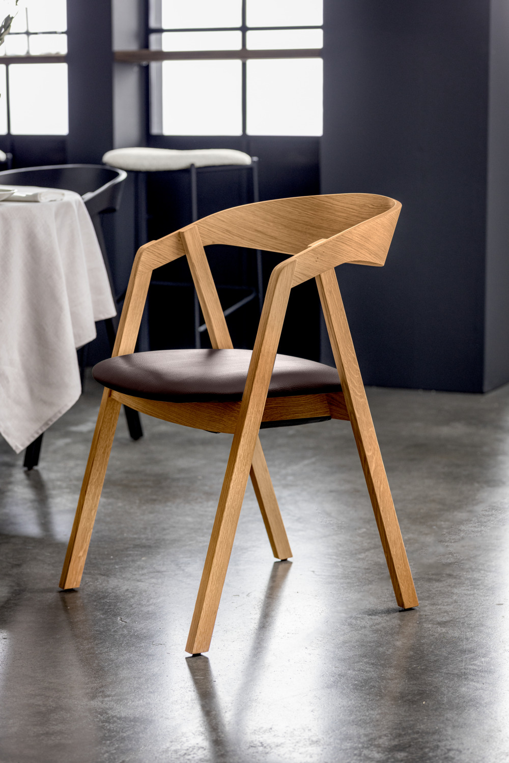 VEGA Calma Stackable Catering Chair Set of 2, Solid Oak Frame, Brown Imitation Leather Seat, Armrests, 54x53x79 cm, FSC Certified