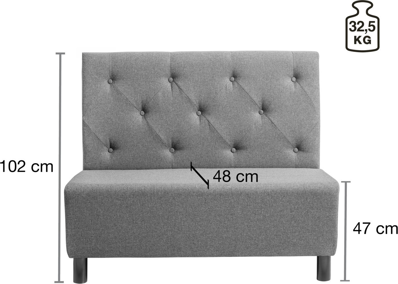 VEGA Lerida II Upholstered 2-Seater Bench, Solid Beech Wood Frame, Anthracite Polyester Fabric, High Tufted Backrest, 118x62x102 cm